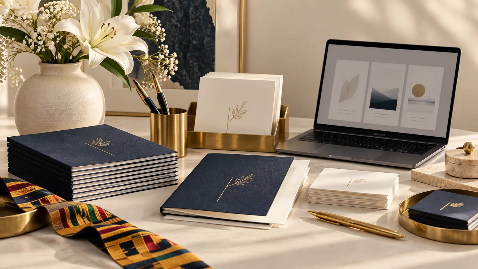 An orderly design desk with navy programme booklets, ivory cards, a laptop and white flowers.