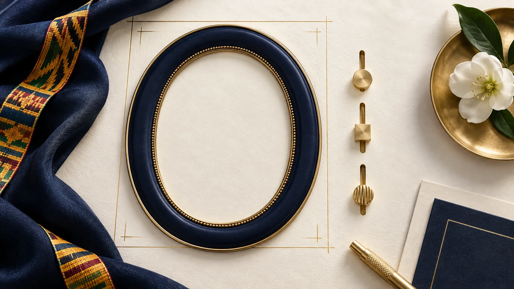An empty navy portrait frame with gold crop guides and sculptural adjustment controls.